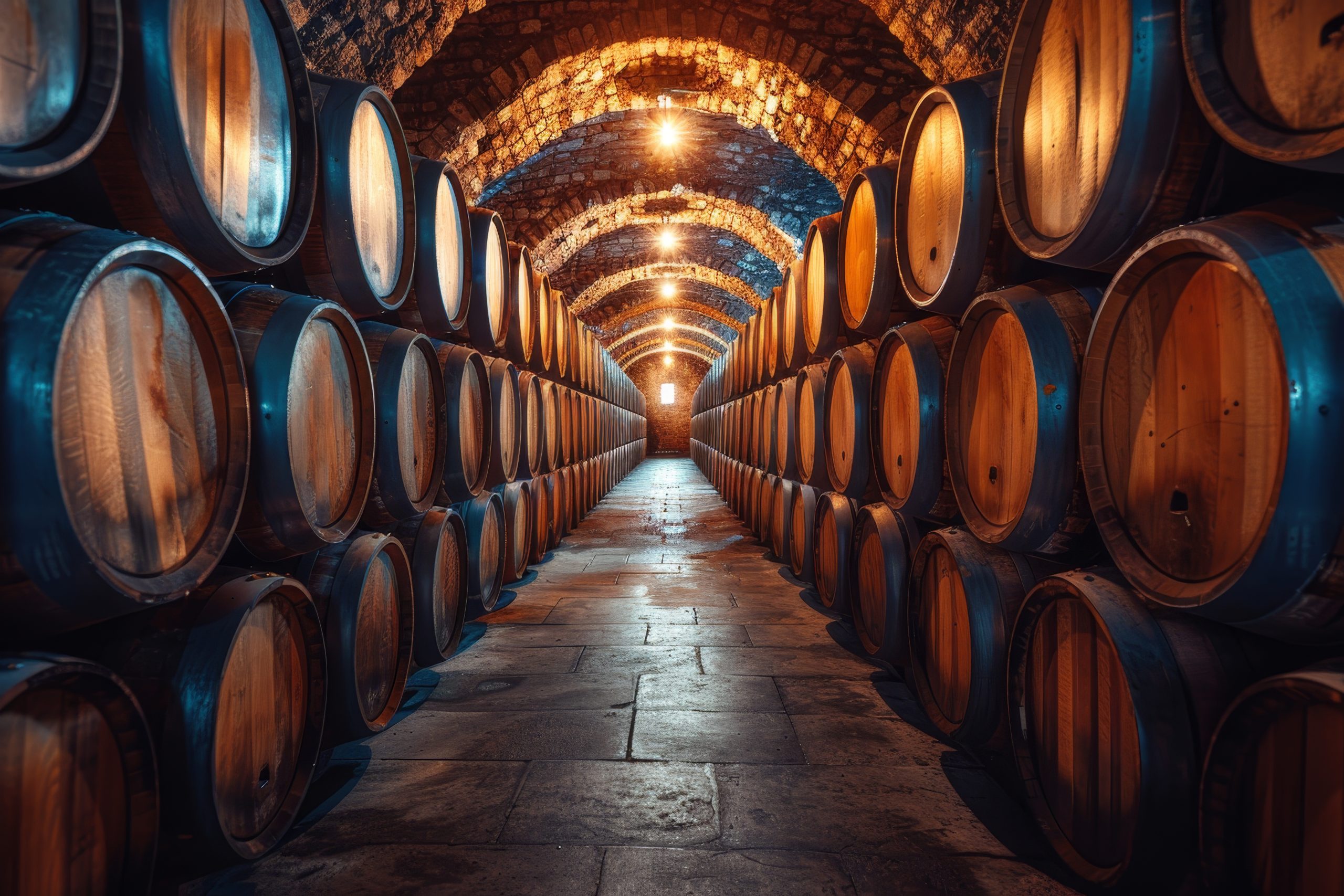 Rows of scotch whisky barrels at a distillery  aging oak barrels for whiskey and brandy production